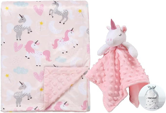CREVENT Soft Cozy Baby Blankets for Boys Girls + Security Blanket, Set with A Gift Bag Newborn Essentials (Unicorn)