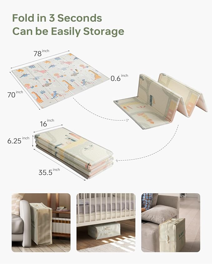 Baby Play Mat Foldable Baby Floor Play Mat 0.6" Thick Soft Foam Playmat for Babies Reversible Waterproof Padded Baby Girl Play Mat Portable Baby Crawling Mat for Indoor Outdoor(70"*78"*0.6")
