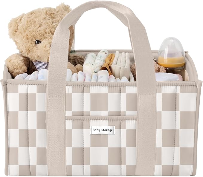 Baby Diaper Caddy Organizer for Changing Table, Baby Storage Basket for Diapers and Baby Wipes, Gift for Baby Shower, Khaki Check