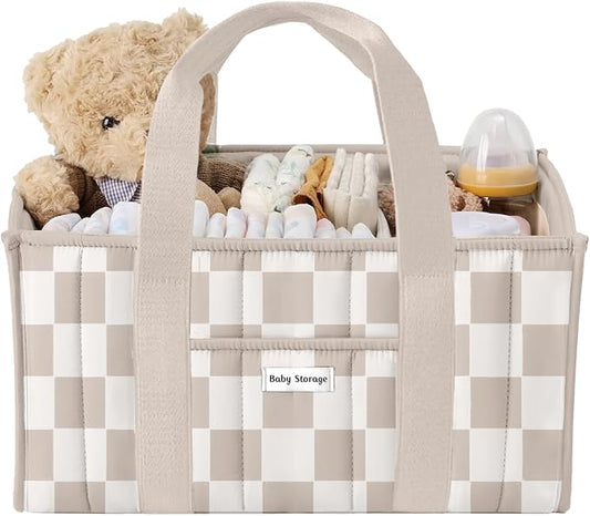 Baby Diaper Caddy Organizer for Changing Table, Baby Storage Basket for Diapers and Baby Wipes, Gift for Baby Shower, Khaki Check