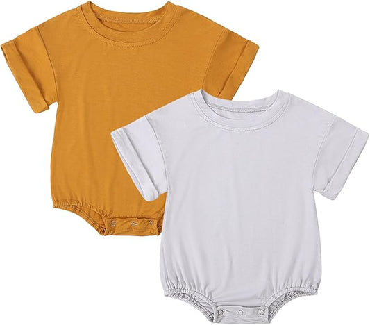 DEFAHN 2PCS Visocse from Bamboo Baby Rompers Unisex Onsies Solid Short Sleeve Baby Bodysuit 0-24 Months