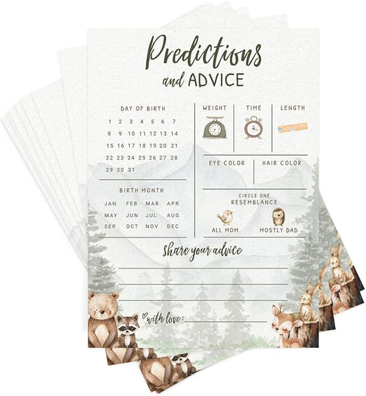 Printed Party Baby Predictions & Advice Cards – Woodland Adventure Baby Shower Game, Adorable Forest Animals Theme for Boy, 30 Pack