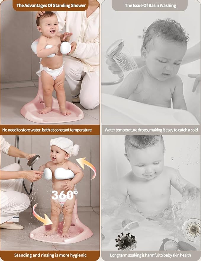 Baby Shower Stand, Baby Bath Support, Shower Standing Support with Adjustable Height and Armrest, Bath Stand with Anti-Skip and Shower Head Holder, Bath Essentials for Infants
