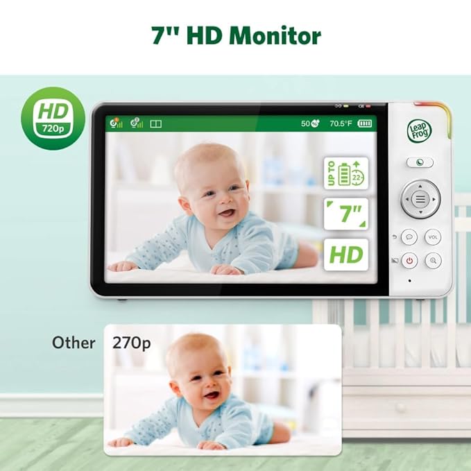 LeapFrog 2-Camera Color Night Vision Video Baby Monitor with 7" HD 720p Display, Split Screen, 360 Pan & Tilt, 8X Zoom, Night Light, Humidity & Temperature Sensor, Up to 1000ft Long Range: LF920-2HD