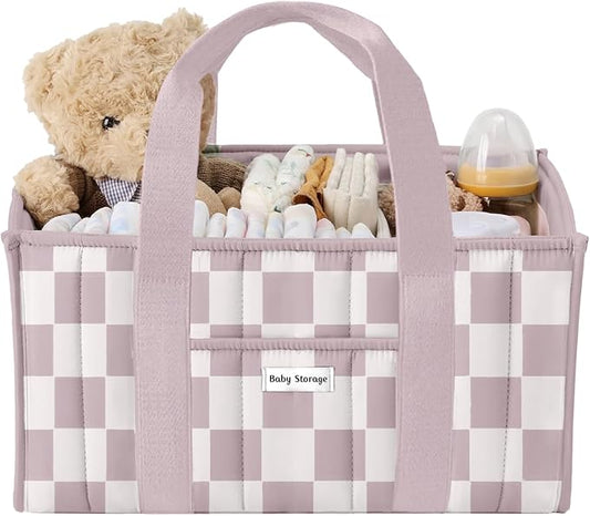 Baby Diaper Caddy Organizer for Changing Table, Baby Storage Basket for Diapers and Baby Wipes, Gift for Baby Shower, Car Caddy Organizer, Nursery Diaper Organizer, Purple Check
