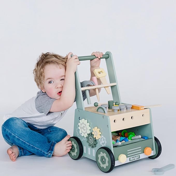 Beright Wooden Baby Push Walker, Wooden Baby Walker and Tool Toy for Toddlers, Kids Tool Bench, Baby Activity Center, Toddler Montessori Educational Toys, Green
