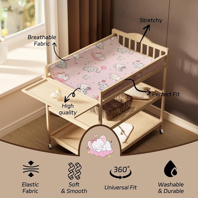 4 Pack Baby Girl Changing Pad Covers Sheets Set Soft Fitted Floral or Elephant Theme Baby Girl Mattress Covers Breathable Toddler Bed Sheets for Infant or Newborn Girls (Elephant, Changing Pad Covers)
