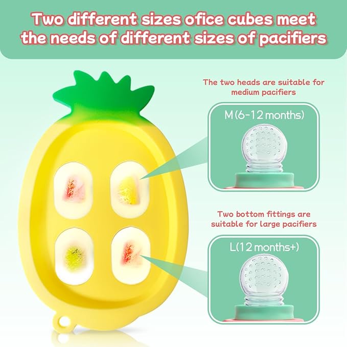 Baby Fruit Food Feeder - Silicone Nibble Tray Combo - Breastmilk Popsicle Mold for Cooling Relief, BPA Free Mesh Feeder for Infant Self Feeding (Robot Pink + Pineapple)