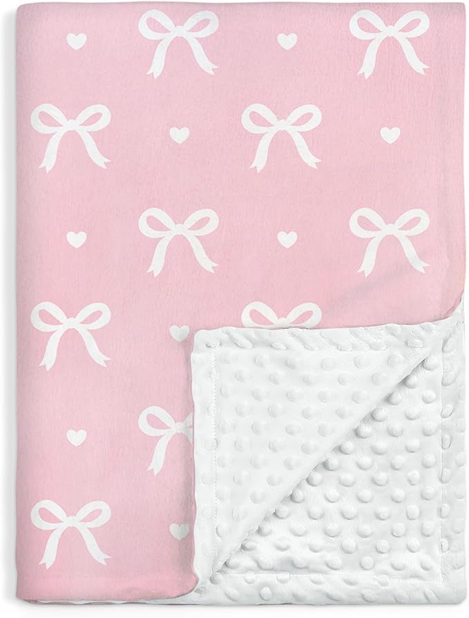 Bow Minky Baby Blanket 30 x 40 Inches for Girls, Soft Plush Receiving Blanket with Dotted Back, Gift for Toddler Newborn Infant Christmas Birthday Baby Shower