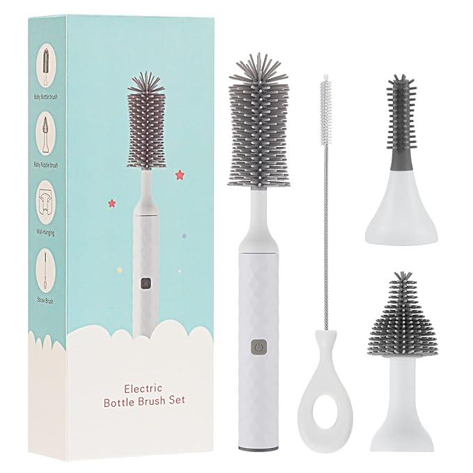 Electric Baby Bottle Brush Set with Electric Bottle Brush and Silicone Bottle/Nipple Brush, Long Straw Cleaner, Rechargeable Bottle Cleaner Electric,Waterproof Water Bottle Cleaner,White