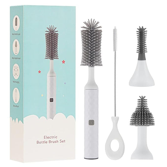 Electric Baby Bottle Brush Set with Electric Bottle Brush and Silicone Bottle/Nipple Brush, Long Straw Cleaner, Rechargeable Bottle Cleaner Electric,Waterproof Water Bottle Cleaner,White