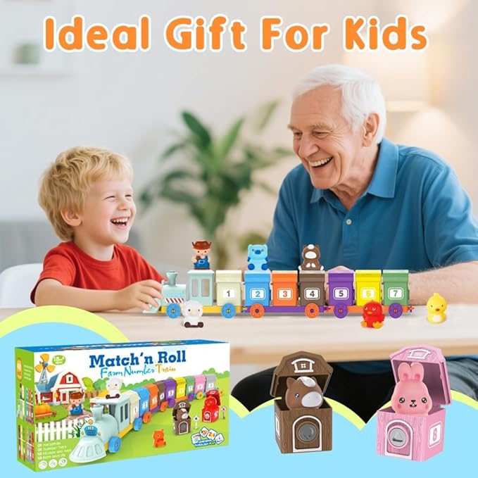 Farm Train Toys for Toddlers 1 2 3 Years Old, Learning Montessori Toys with 10 Farm Animals Finger Puppets 1 Farmer, Counting Matching Sorting Barns with Keys, Educational Toy Gift for Boys Girls