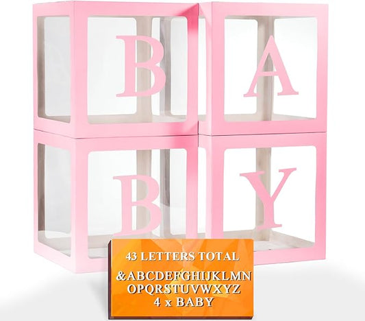 Ledido Baby Boxes with Letters for Baby Shower, Pink Clear Balloon Boxes with 43 Letters for Gender Reveal Wedding Birthday Party Decorations 4PCS