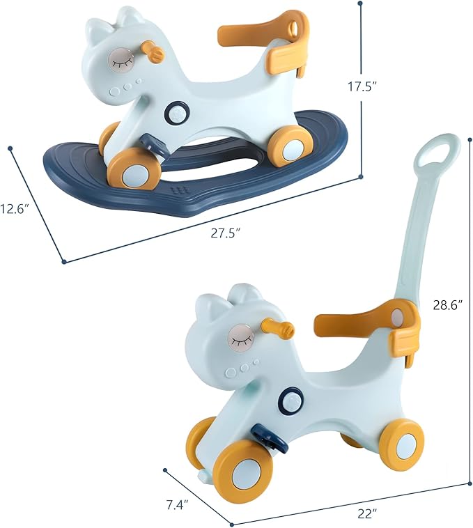 4 in 1 Rocking Horse for Toddlers 1-3 Years Old, Baby Rocking Toy Fun Birthday Gift for 1+ Boys, Ride on Toy with Detachable Balance Board and Footrest，Balance Bike with Push Handle，Blue