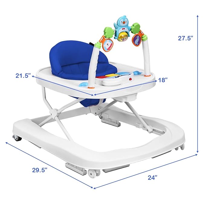 HONEY JOY Baby Walker, Foldable Push Walker Toy-Seated & Walk-Behind with Wheels, Interactive Piano & Pedants, Adjustable Height & & Speed, Padded Seat, Baby Walkers for Boys Girls(Blue)