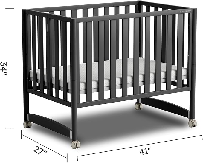 EvoNook 6-in-1 Convertible Mini Crib, 100% New Zealand Solid Wood, 4 Adjustable Mattress Heights, Black with Matttress