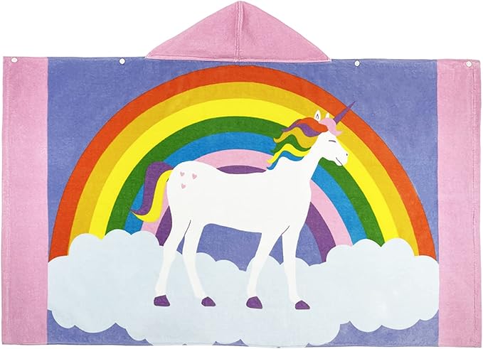 BANGSAUR Kids Hooded Beach Towels, 100% Cotton 50x30 inches Bath Pool Swiming Towel Wrap, Toddlers Girls 3-12 Years Coverup Rainbow Unicorn N