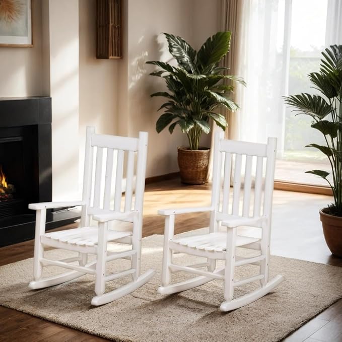 Kid Rocking Chair Set of 2 Child Toddler Small Baby Wooden Comfy Rocker Chairs Furniture for Nursery Bedroom Livingroom Outdoor Reading Room, Ages 6-10, White