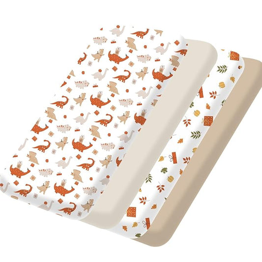 Bimocosy Mini Crib Sheets,Pack and Play Sheets for Baby Girl Boy 4 Pack,Size 38"x 26" for Playard Mattress,Portable Mini Crib,Soft Pack N Play Sheets Fitted, Dinosaur/Leaves/Khaki/Ivory