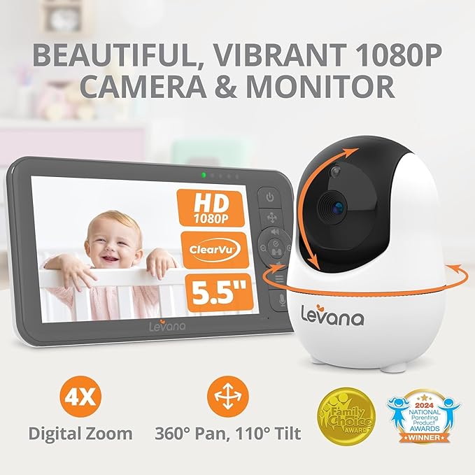 Levana Nala Video Baby Monitor, 5.5" 1080P Screen, 2 Night Vision PTZ Cameras, 22 Hour Battery Life, 5000mAH Battery, No WiFi, Two-Way Talk, 1000ft of Range Baby Cameras