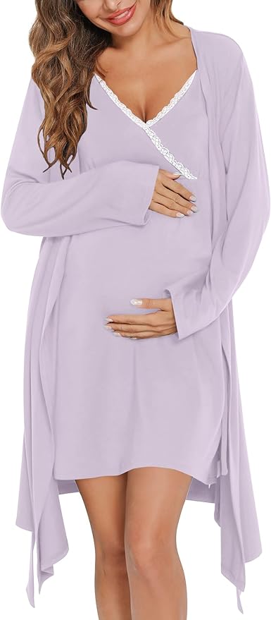 SWOMOG Womens Maternity Robe 2 Piece Nursing Nightgown for Breastfeeding 3 in 1 Labor Delivery Nursing Dress Lace Bathrobe