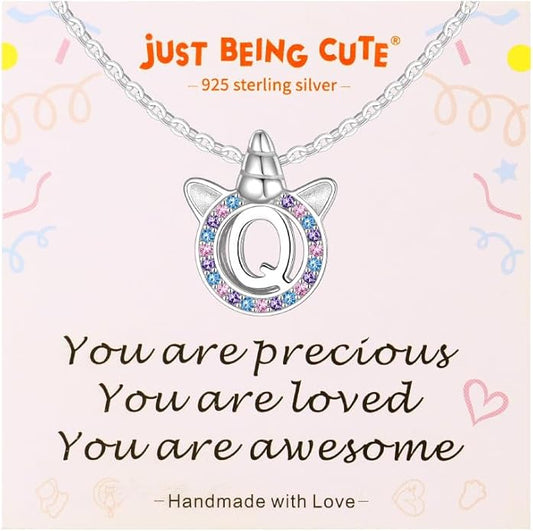 Unicorn Necklace for Girls, Initial Necklaces for Little Girls Kids Children, Hypoallergenic 925 Sterling Silver Kids Jewelry Colorful CZ Unicorn Gifts for Birthday Kindergarten Graduation Wedding