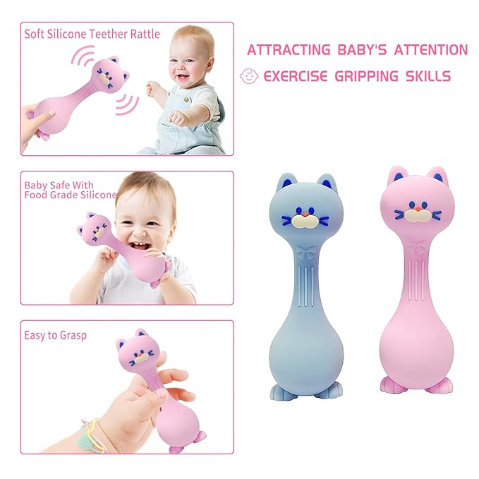 Teether Rattle Toys Cat Silicone Teether Rattle for Baby Food Grade Silicone (Blue)