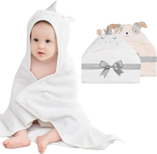 Mooreeke 2 Pack Baby Towels - 100% Cotton Baby Hooded Towels - Soft Baby Bath Towels with Hood for Newborn - Comfort Towels for Baby Girls and Boys - Animal Shaped Design (Puppy & Unicorn)