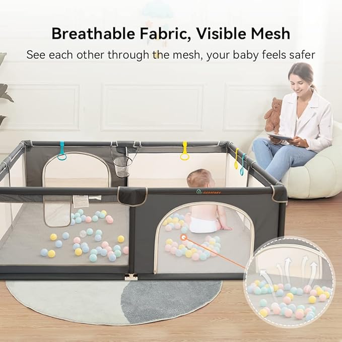 COMOMY Playpens for Babies and Toddlers, 63"x63" Baby Playard Extra Large, Safe and Non-Slip Baby Fence, Full Mesh Design, Indoor & Outdoor Kids Activity Center, Baby Play Pens (Dark Grey)