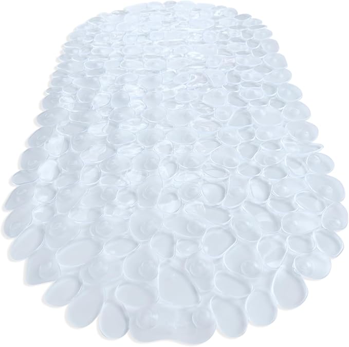 “Pebbles” Non-Slip Bathtub & Shower Mat 27”x14” Oval - Non-Toxic - Safe, Clean, Machine-Washable, Superior Grip & Drainage, Vinyl, for Smooth Floors ONLY, Transparent Clear