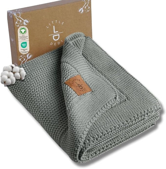 100% Organic Cotton GOTS Certified Baby Knitted Blanket with Gift Box - Soft Toddler, Crib, Stroller Blanket - Neutral Swaddle and Receiving Blanket for Newborns, 30"x40", Green