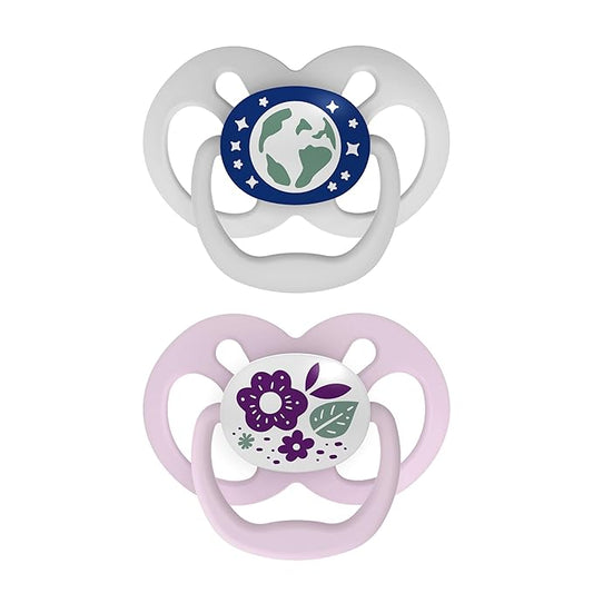 Dr. Brown's Advantage Glow-in-the-Dark Baby Pacifier, Fully Symmetrical Soother with Soft Silicone Bulb, Purple Nature, 6-18m, BPA Free, 2 Pack