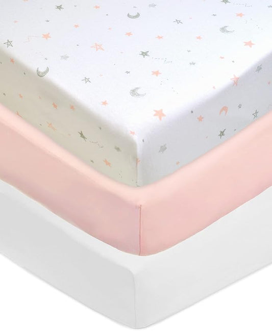 American Baby Company 3 Pack 100% Natural Cotton Fitted Crib Sheets 52" x 28" - Soft, Breathable, Hypoallergenic & Gentle Toddler Bed Sheets, Pink Stars/Blush/White, Neutral for Boys & Girls
