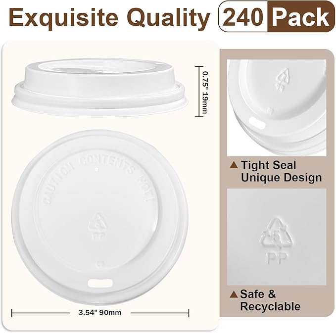 240 Pack Coffee Cup Lids, Disposable Coffee Lid, Leak Proof Plastic Lids for 10, 12, 16, 20, 24 oz Paper Cups, Hot Cup Lid 3.54 Inches/90 mm Diameter