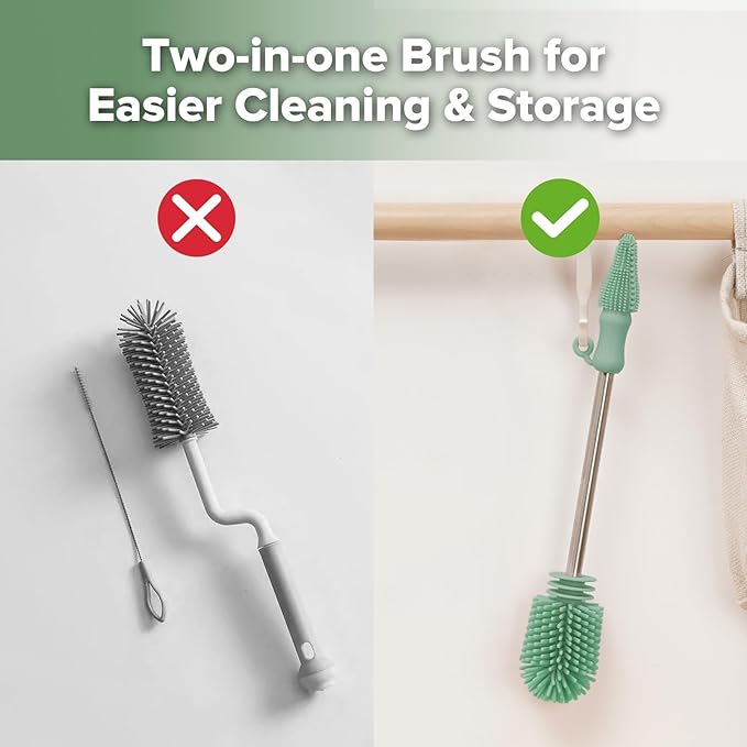 haakaa Cleaning Brush Silicone Bottle Brush Double-Ended Soft Silicone Bristles for Breast Pumps, Breast Milk Collectors, Baby Bottles, Teats, Breastmilk Storage Bags, Detachable - Pea Green-1pk