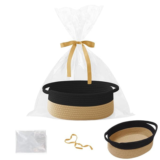 Gift Basket with Gift Bag and Ribbons,Small Rope Woven Shelf Storage,Baskets for Gifts Empty,Birthday,Shower,Decorative Organizer Box for Cat Dog Pet with Handles(Black&Jute)