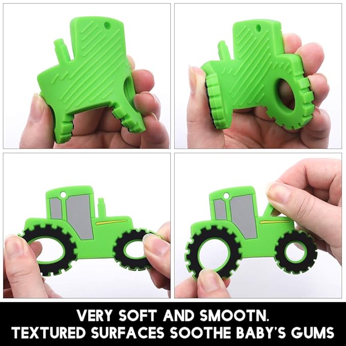 Baby Food Grade Silicone Tractor Truck Teether Toy with One Piece Design Pacifier Clip Holder,Teething Pain Relief Toys Gift Set for 3 Months+ Boys and Girls,Freezer Safe,BPA Free. (Green)