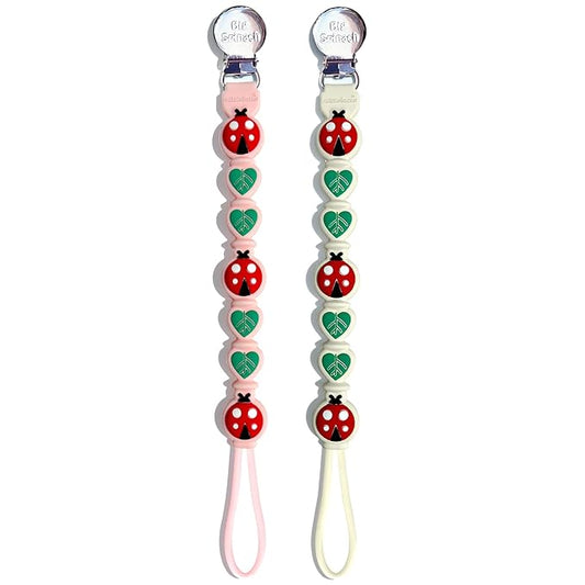 2 Pack Silicone Pacifier Clips for Baby Boys – Food Grade One-Piece Strap with Cord & Stainless Clip – Teether Holder for Baby – Cute Ladybug & Leaf Design – BPA-Free(Beige+Pink)