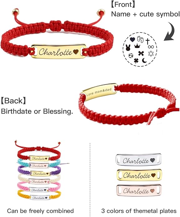Personalized Baby Bracelet, 18K Gold Plated Custom Name Bracelet, Braided Cord Baby Bracelet Adjustable for Baby Girls and Boys as Birthday Gift Baptism Gift