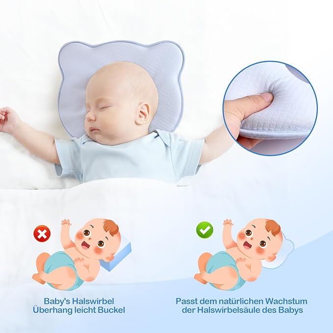 Memory Foam Baby Pillow,Cute Cartoon Bear Soft and Cozy Pillow, Breathable Bedding Set for Infants for Small Boys and Girls Prevent Flat Head
