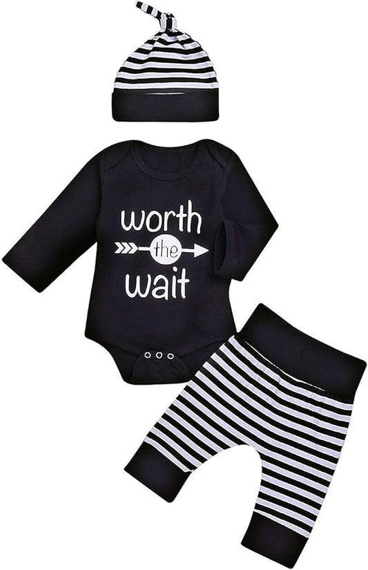 Baby Unisex Worth The Wait Arrow Printed Romper Striped Pant Hat Outfit Clothes (Black, Newborn)