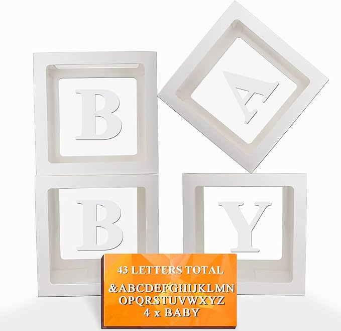 Baby Boxes with Letters, Clear Balloon Boxes for Baby Shower, White Transparent Block Babyboy Letter Boxes for Birthday Bridal Wedding Graduation Prom Party Gender Reveal Party Decor, 4 PCS