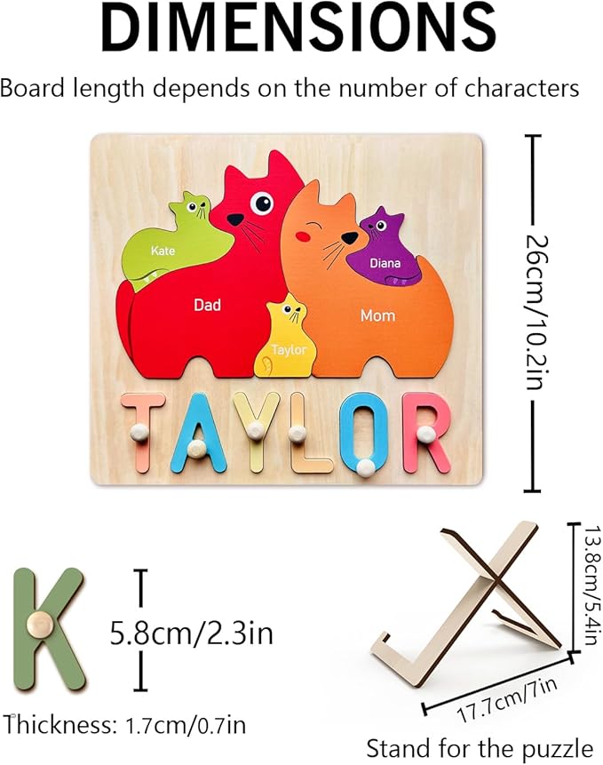 Name Puzzles for Kids Personalized Wooden Name Puzzles for Toddlers 1-3, Personalized Puzzle Cat Family Puzzle for Home Decor, First Birthday Gifts for Boys Girls, Personalized Gifts for Mom Dad Kids