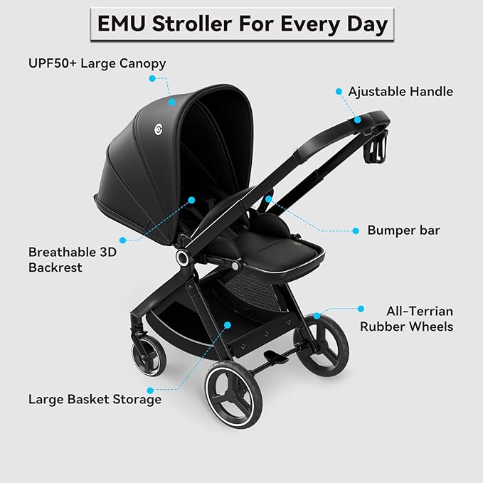 EMU Reversible Baby Stroller with Reversible Seat Full-Size Infant Stroller with Full Recline Cockpit Compact Foldable Pram Carriage for Outdoor City - Black