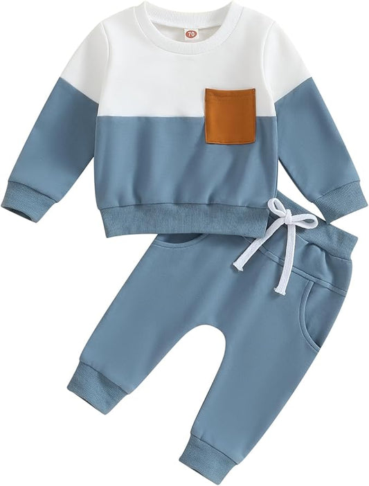 Kupretty Toddler Baby Boy Fall Winter Clothes Color Block Long Sleeve Sweatshirt Pullover Tops + Joggers Pants Outfit Set
