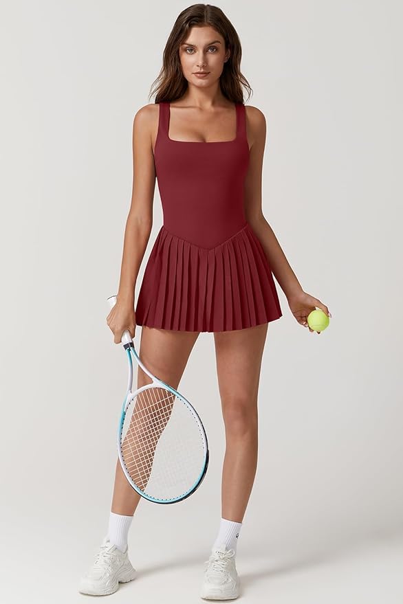 QINSEN Womens Square Neck Tennis Dress Pleated Sleeveless Built in Shorts Golf Athletic Dress with Pockets