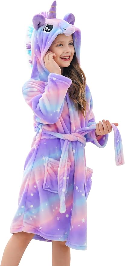 Doctor Unicorn Girls Fleece Hooded Robe Toddler Warm Fuzzy Bathrobe