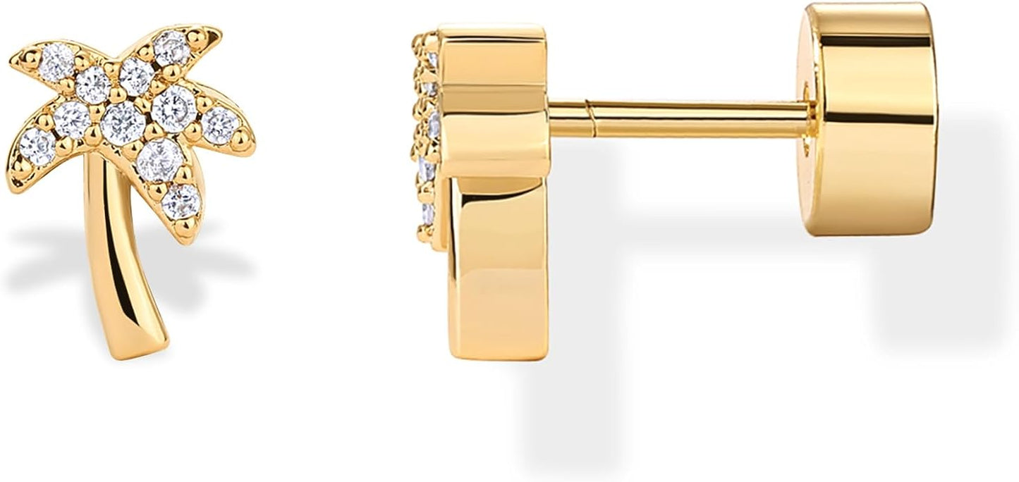 PAVOI 14K Gold Plated Dainty Flat Back Earrings for Women - Hypoallergenic Sterling Silver Posts Helix Cartilage Piercing Jewelry - Emoji Motif Bow Celestial Flatback Gold Stud Earrings Screw Back