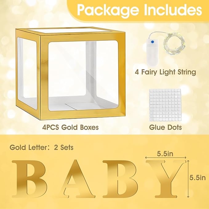 Ledido Baby Boxes with Letters for Baby Shower Decorations, 4 pcs Clear Balloon Boxes Blocks Decor with LED Fairy String Lights for Boy Girl Gender Reveal Decorations Backdrop Party (Gold)