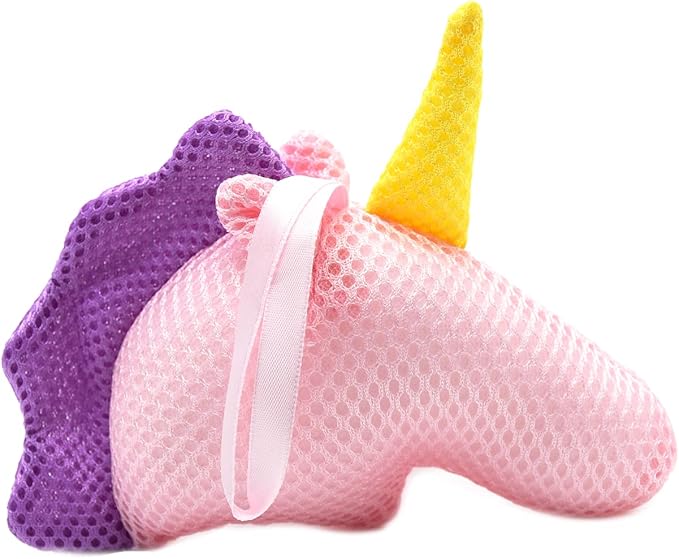 Cute Unicorn Kids Bath Loofahs Balls for Baby Girls Boys Mesh Shower Ball Pouf Exfoliating Bath Sponge Body Cleaner Bath Accessories (Pink Unicorn)
